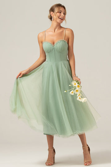 A-Line Tea-Length Corset Tulle Matcha Vestido Madrinha
